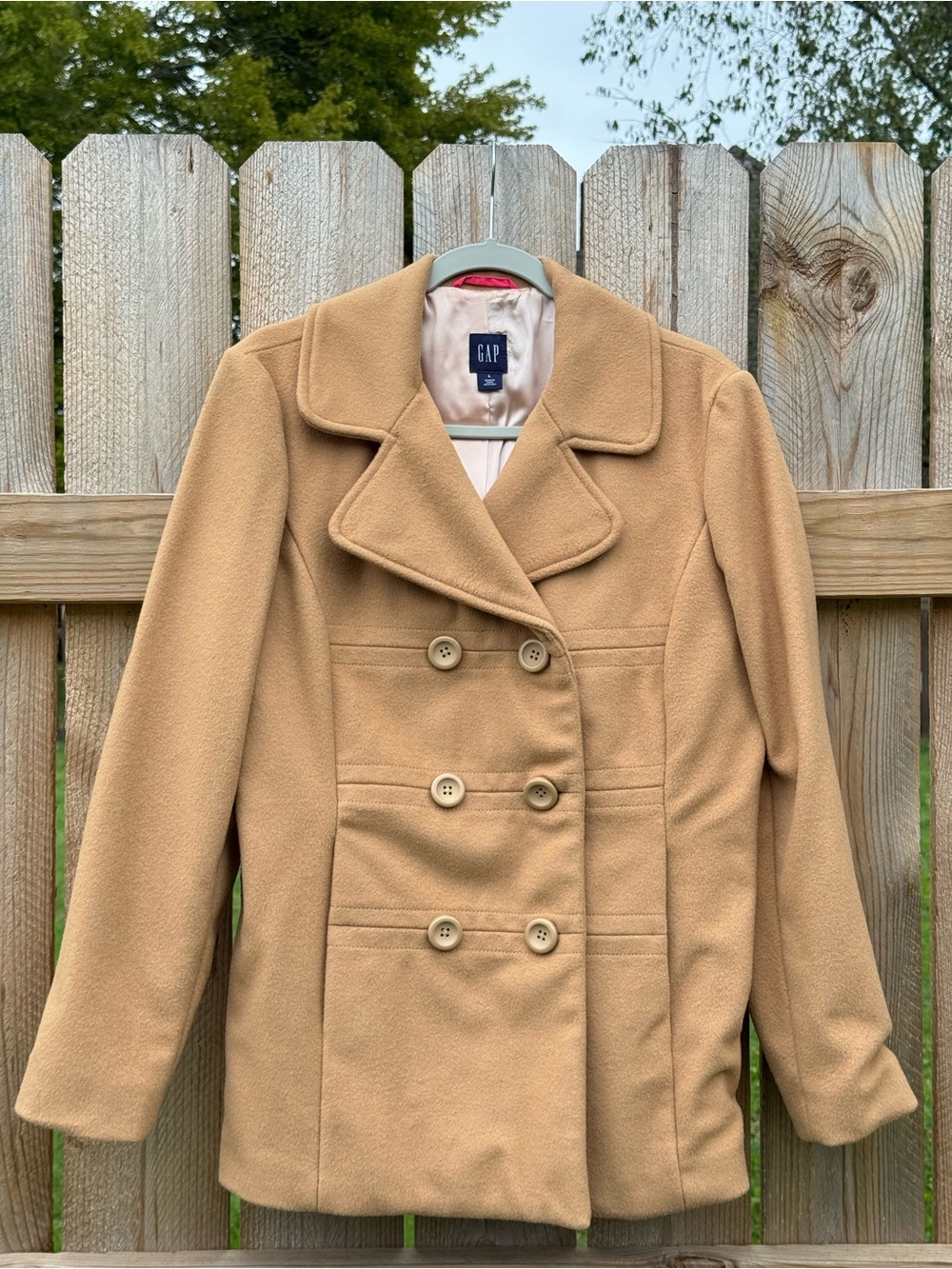 Gap Virgin Wool Double Breasted Pea Coat Size Large Tan Outerwear Satin Lining
